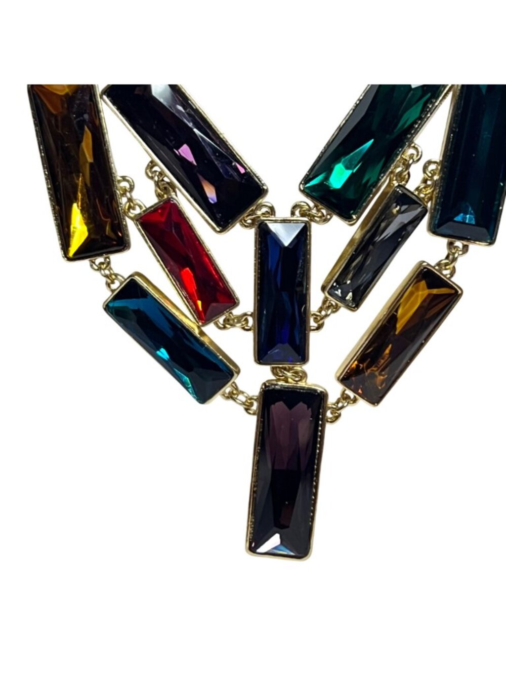 Gold Tone And Multicolored Rectangle Crystal Bib Necklace (6378) - Picture 3 of 7